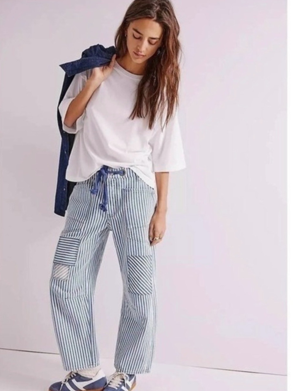 We The Free Railway Striped Blue & White Barrel Pants